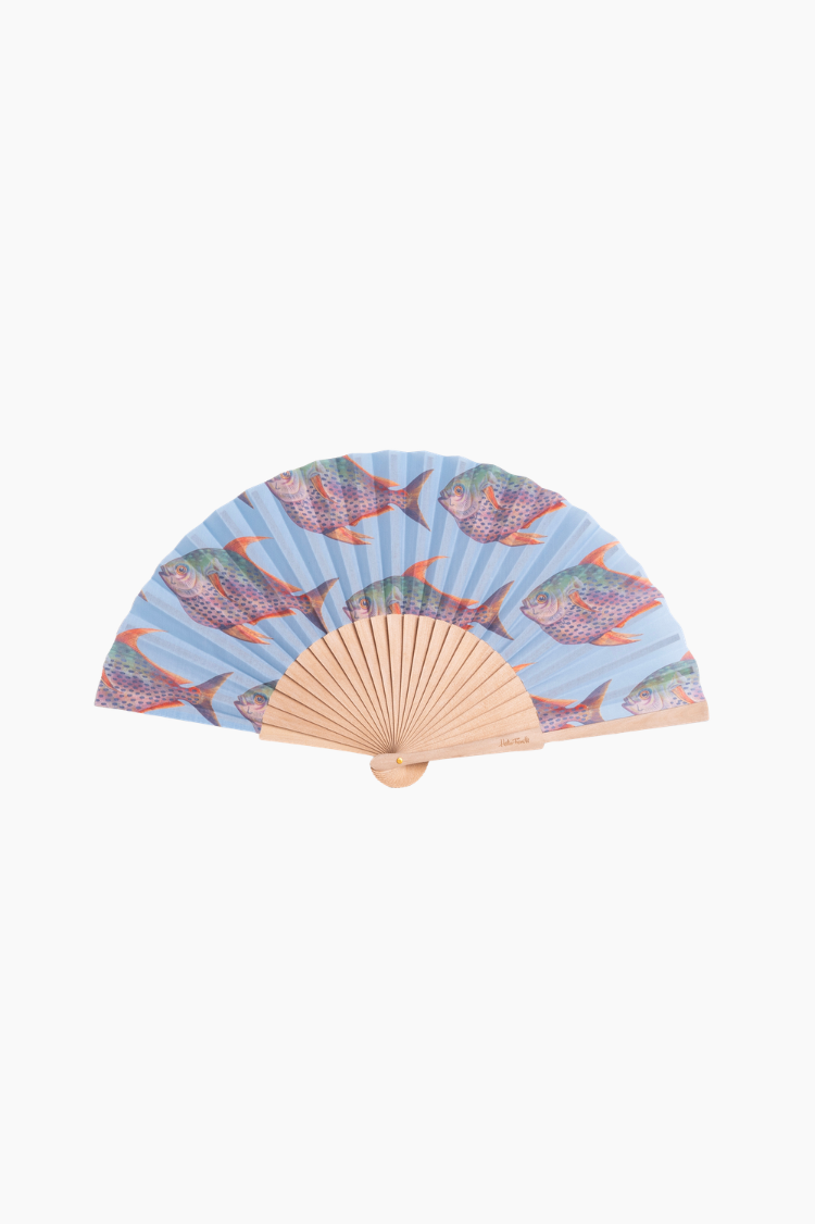 abanico Helio Ferretti Piscis estampado peces azul madera