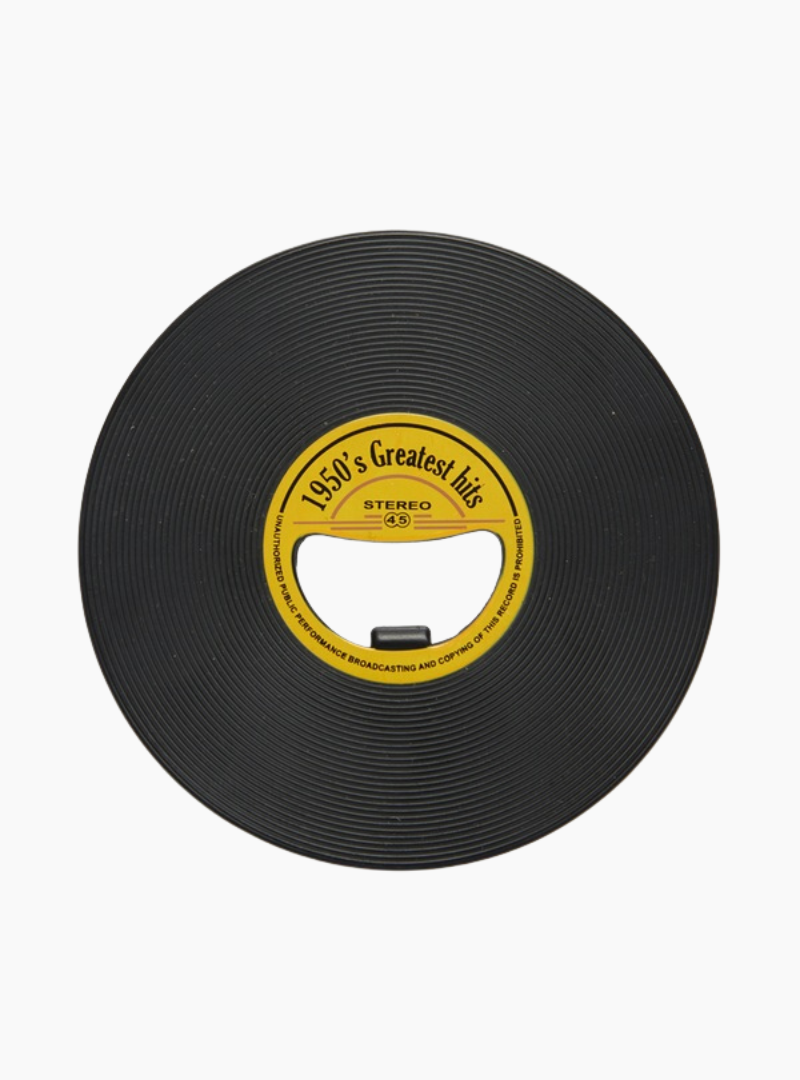 Abrebotellas Balvi Greatest Hits negro con diseño retro de disco de vinilo