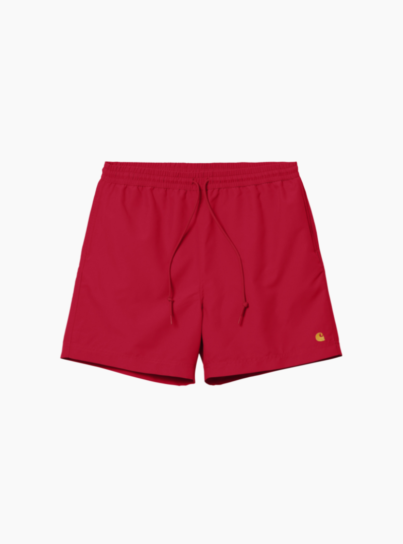 Bañador Carhartt WIP Chase Swim rojo Cornel con logo dorado