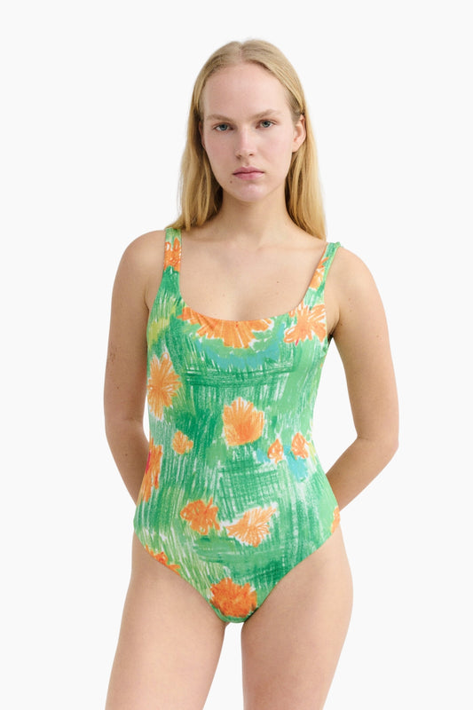 Bañador de mujer Thinking Mu Crayon Amalfi con estampado floral verde y naranja y escote cuadrado