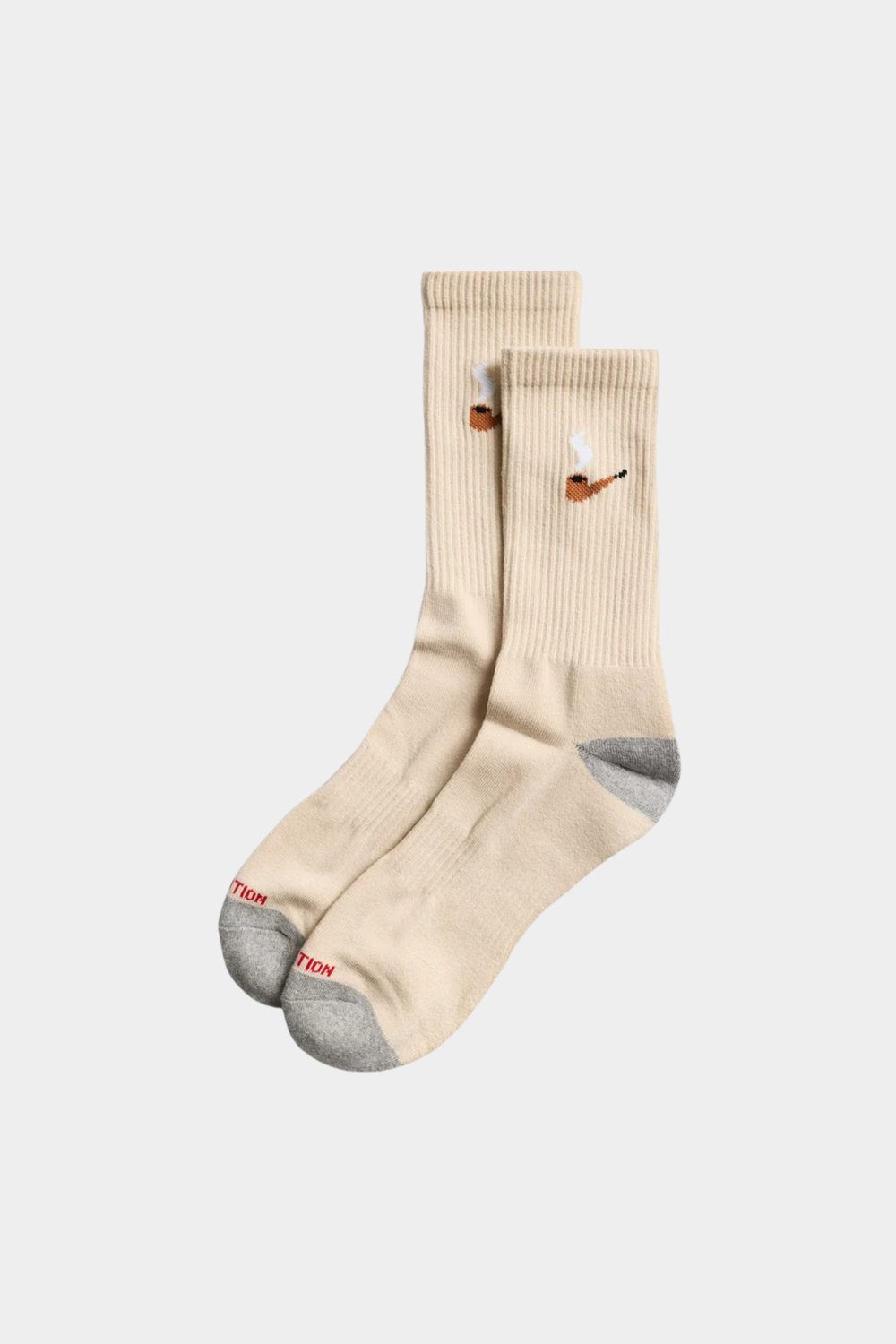 Calcetines Revolution Pip Offwhite de algodón orgánico con puño de canalé, talón gris y pequeño bordado lateral