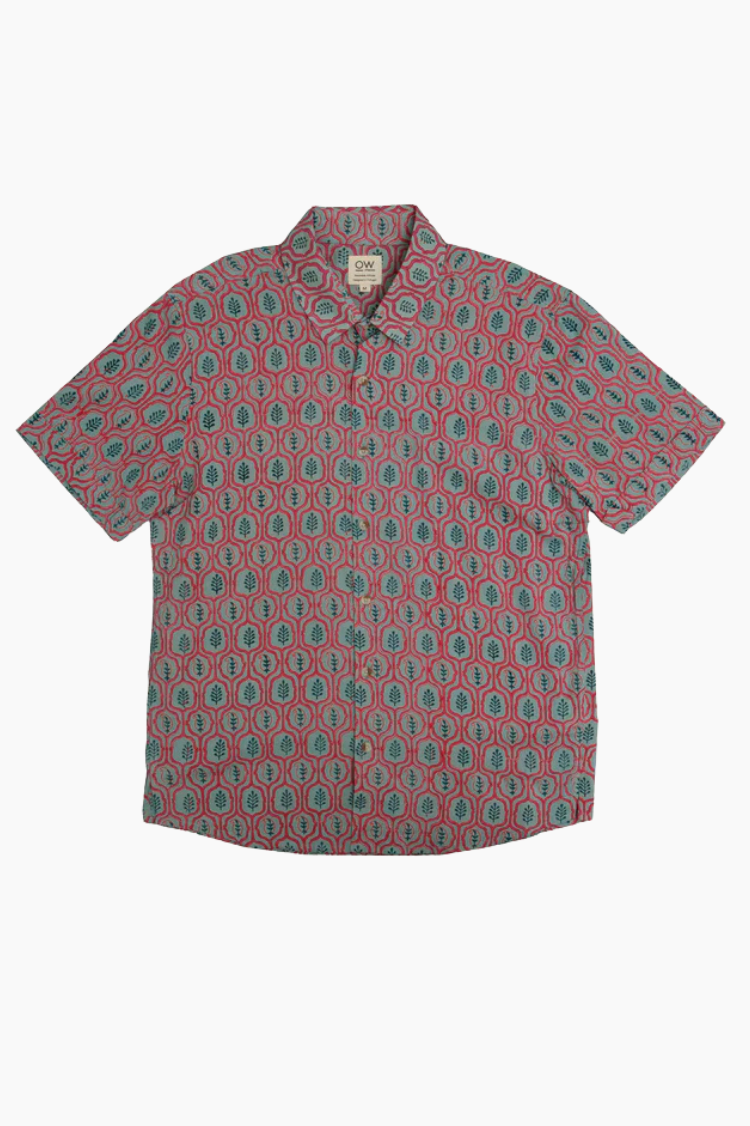 Camisa Otherwise Hana roja y verde estampada a mano en algodón