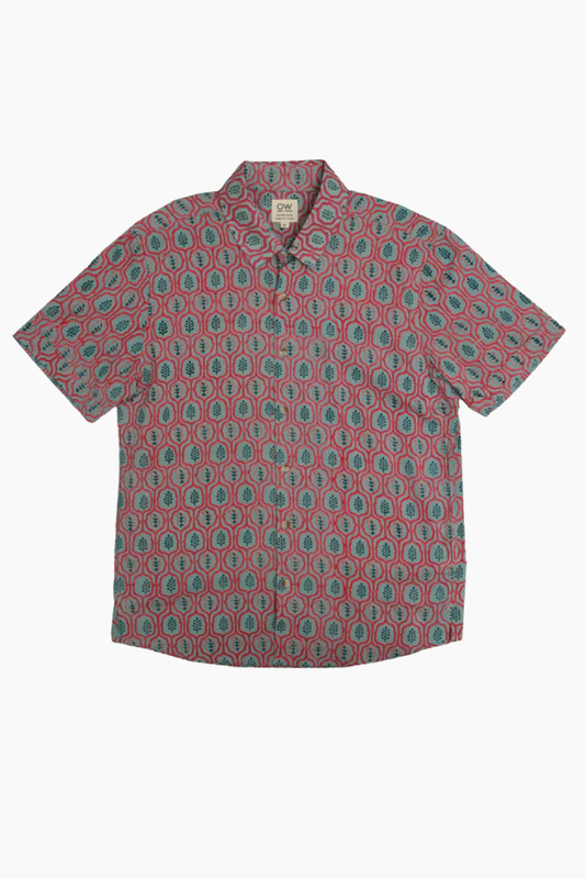 Camisa Otherwise Hana roja y verde estampada a mano en algodón