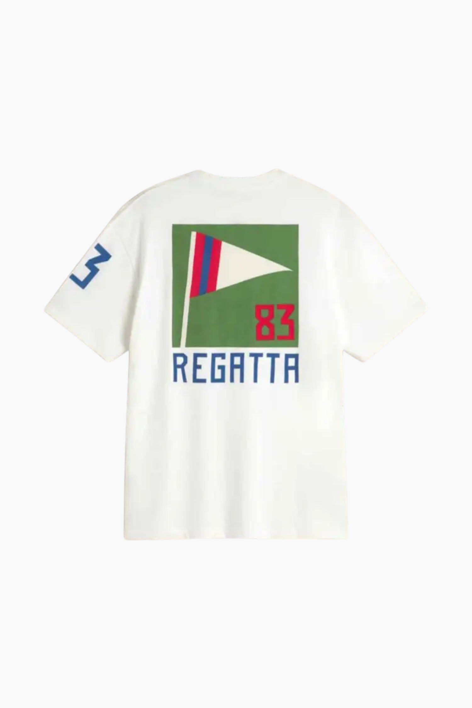 Camiseta Aaron Regatta de Thinking Mu para hombre en algodón orgánico blanco con estampado Regatta en espalda y logo en pecho.