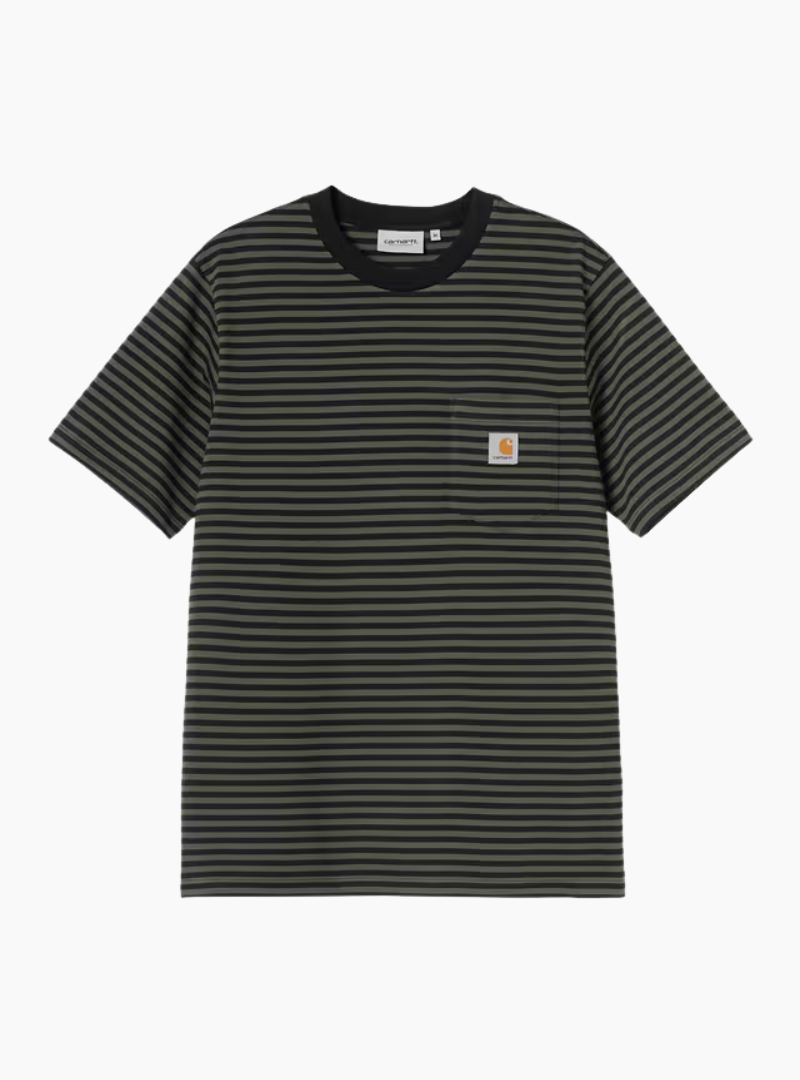 Camiseta Carhartt WIP S/S Verner Pocket con rayas negras y verdes y bolsillo con logo