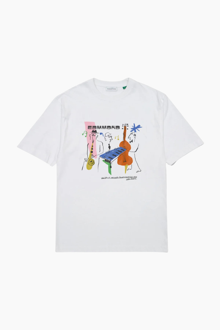 Camiseta Edmmond Cassette blanca hombre algodón orgánico print músicos jazz