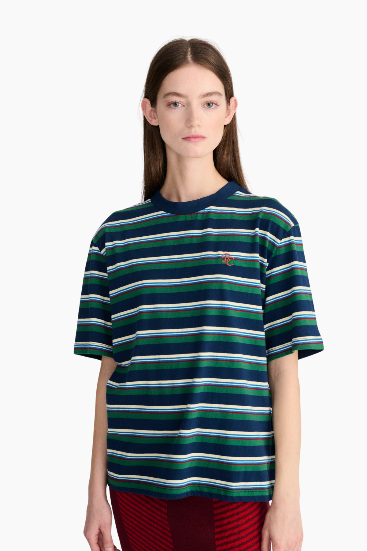 Camiseta de rayas Bobo Choses para mujer en azul, verde y blanco con corte amplio y manga corta