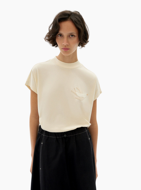 Camiseta Thinking MU Bird Volta blanca, 100% algodón orgánico (GOTS), parche bordado a mano