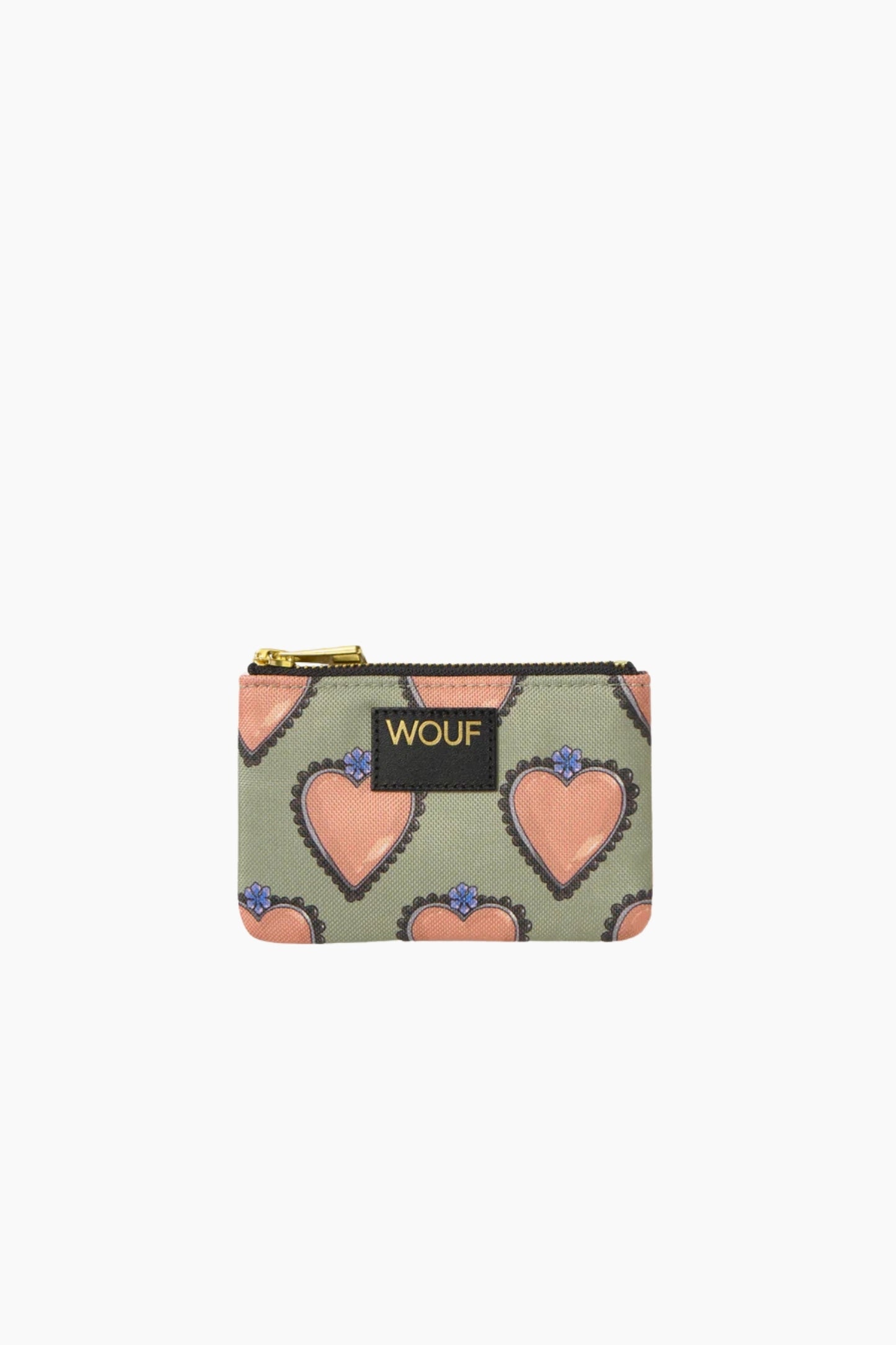 Cartera Wouf Glow con estampado de corazones en tonos rosa y verde y cremallera metálica