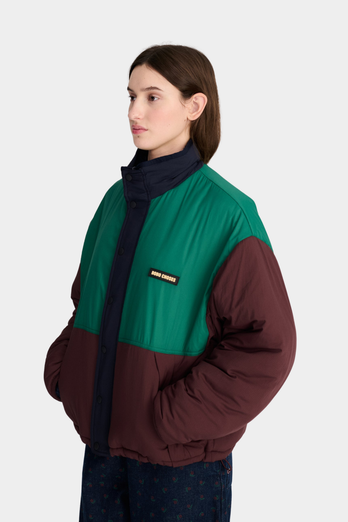 Chaqueta reversible Bobo Choses de mujer con cara técnica multicolor en verde, burdeos y azul marino
