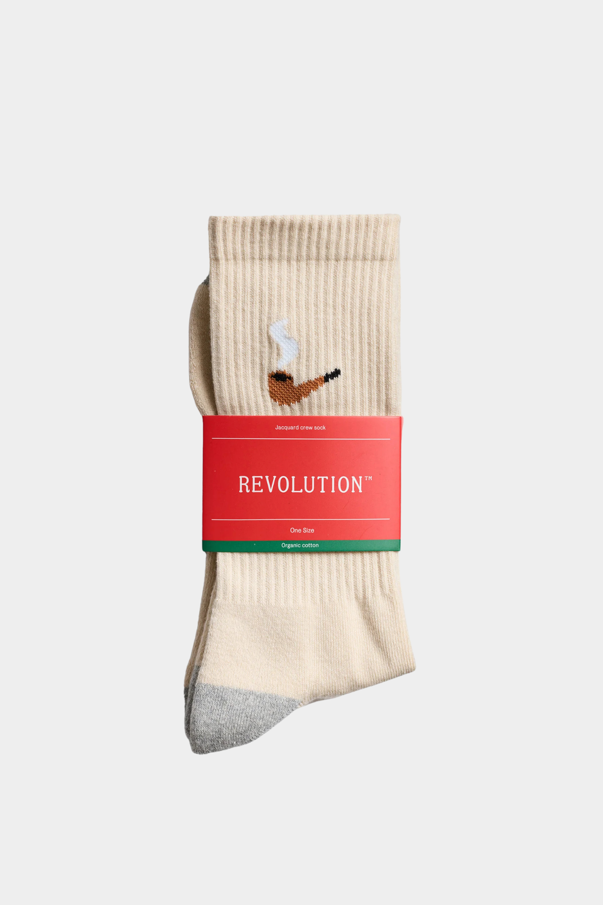 Detalle de los calcetines Revolution Pip Offwhite con bordado lateral, talón gris y tejido de algodón orgánico