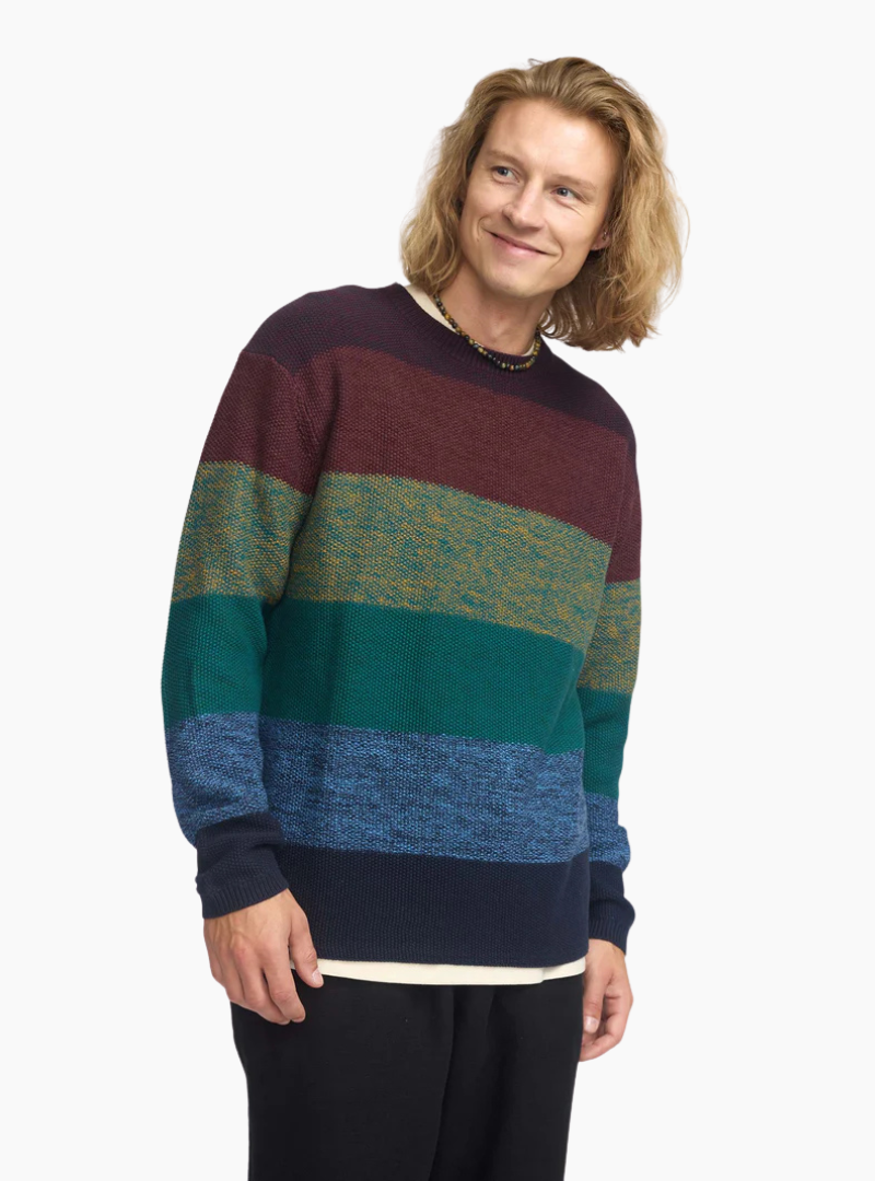 Jersey Knit Burgundy de Revolution con rayas anchas multicolor y textura perlada