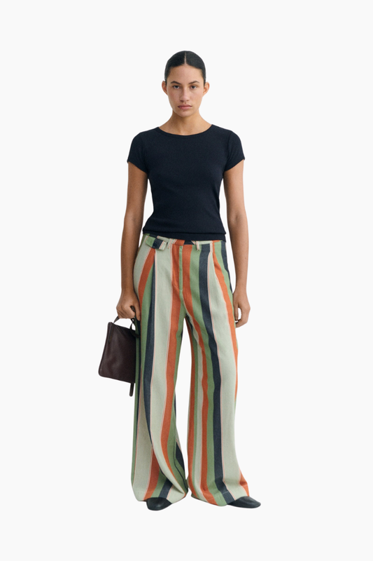 Pantalón mujer Thinking Mu wide leg de rayas multicolor en algodón orgánico tiro medio