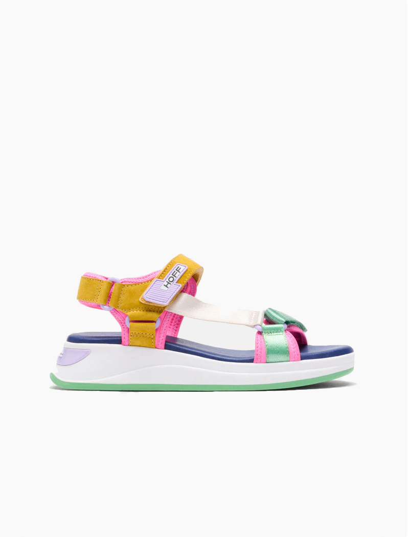 Sandalia Hoff Phuket para mujer multicolor en tonos rosa, mostaza, verde agua y lila con plantilla Memory Foam