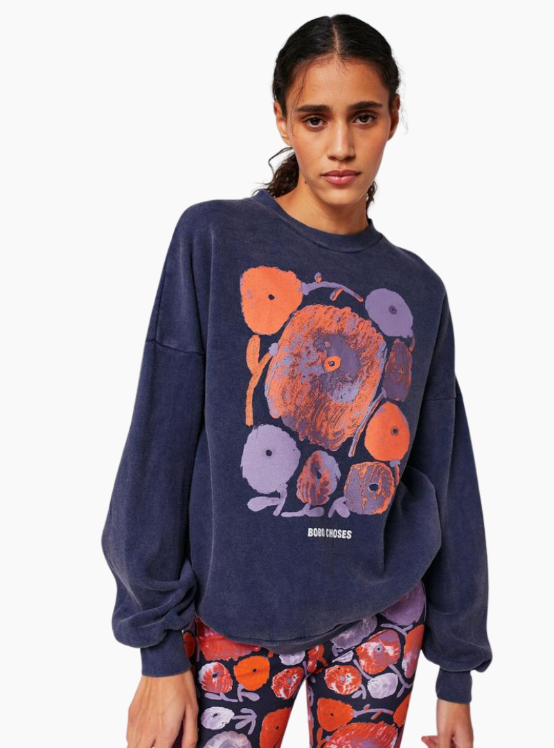 Sudadera Bobo Choses Dahlia mujer, azul marino, algodón orgánico, hecha en España