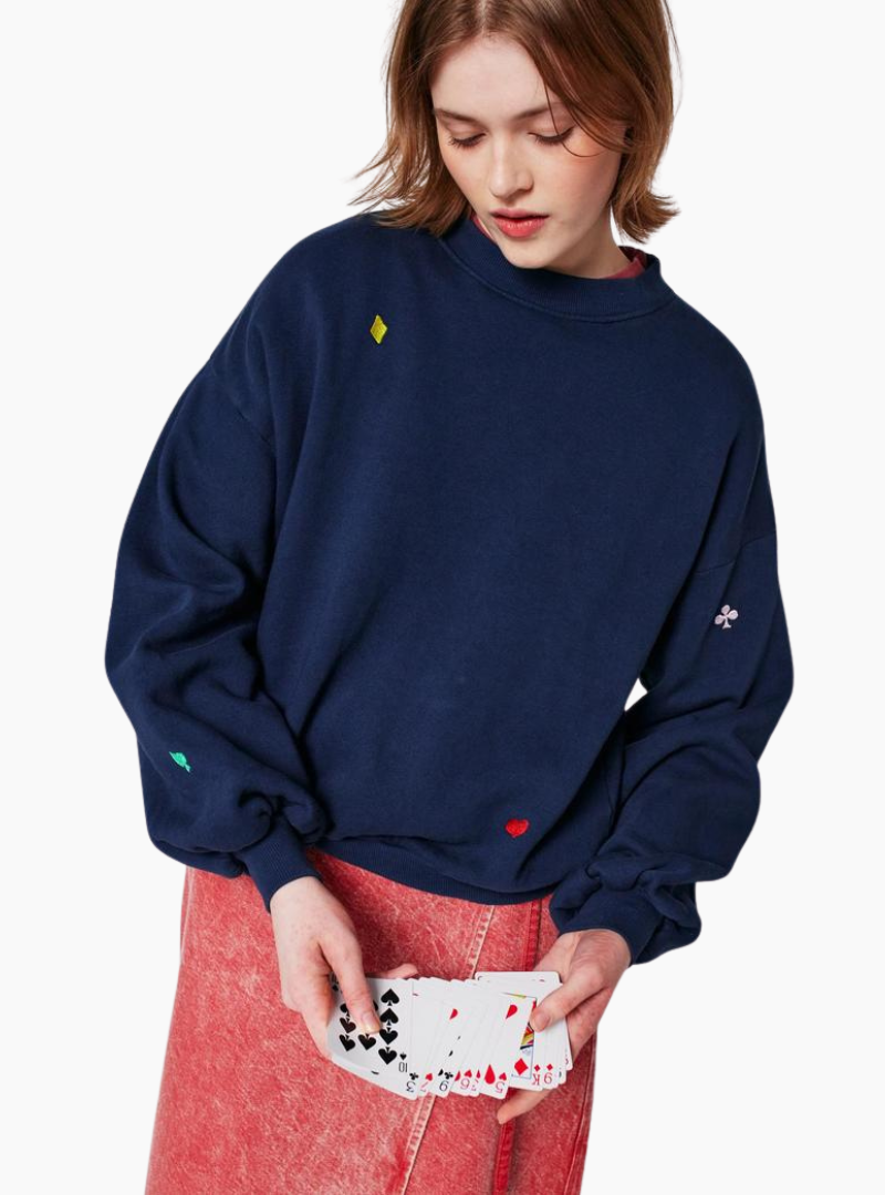 Sudadera Bobo Choses Navy mujer, azul medianoche, con naipes bordados, 88% algodón orgánico, hecha en España