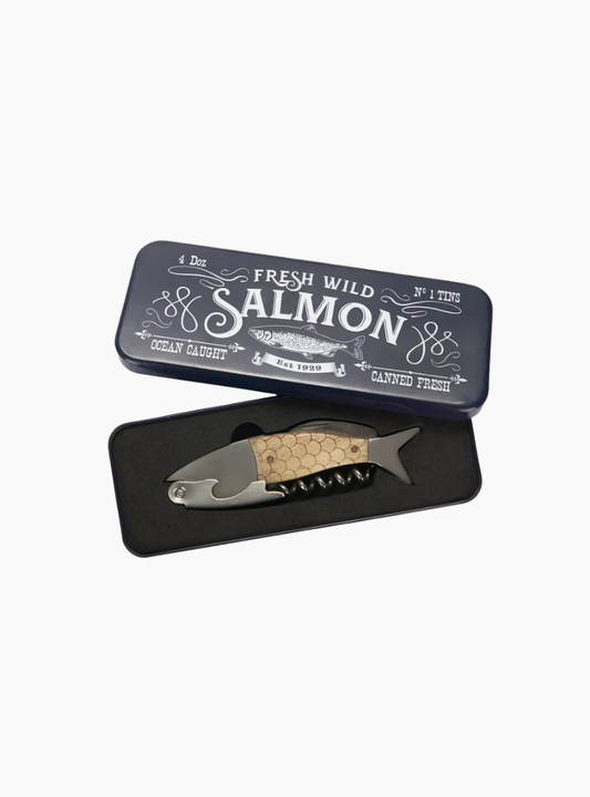 Sacacorchos Balvi Wild Salmon con diseño de salmón y caja metálica azul