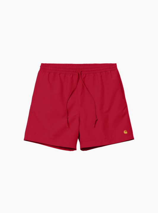 Bañador Carhartt WIP Chase Swim rojo Cornel con logo dorado