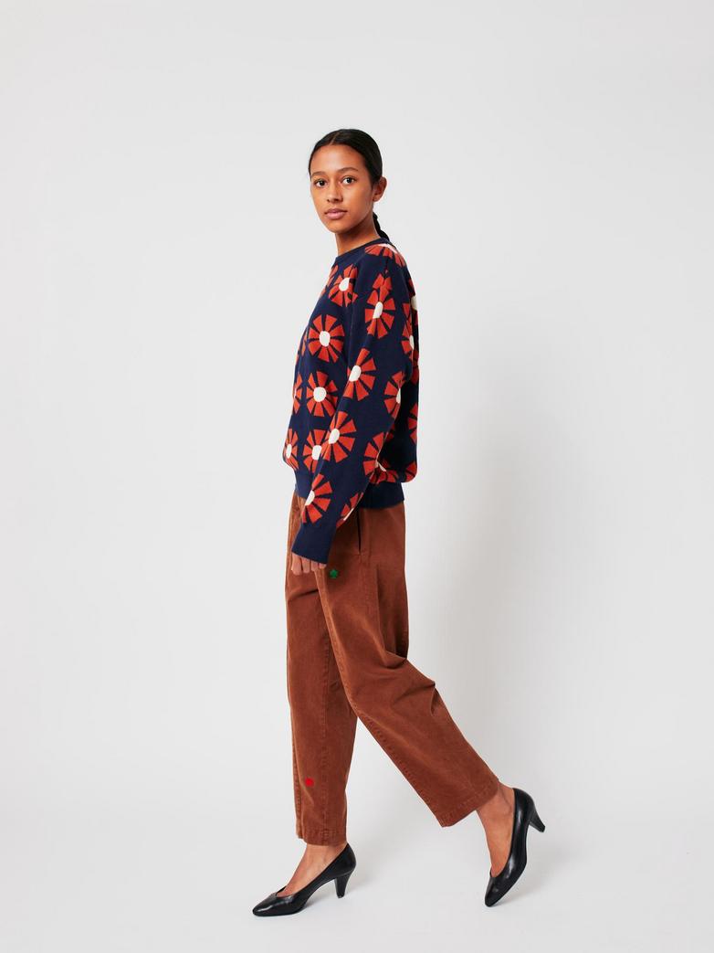 Jersey azul marino Bobo Choses Flower Jacquard para mujer en algodón orgánico, hecho en España.