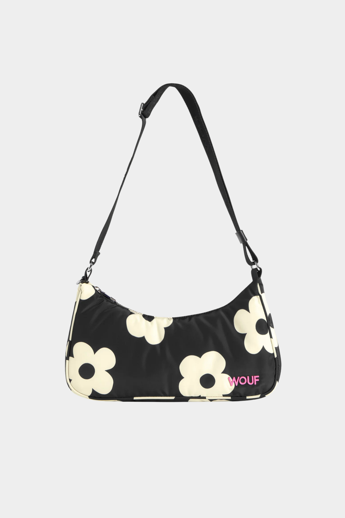 Bolso bandolera Wouf Night Daisy negro con flores blancas, correa ajustable y formato compacto para diario