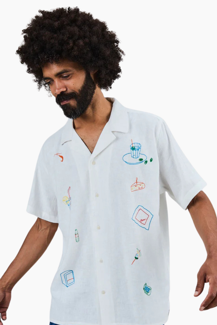 Camisa Brava Aloha Chiringuito blanca con bordados en lino y viscosa