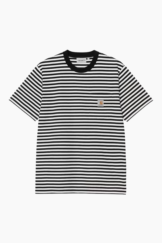 Camiseta Carhartt WIP S/S Ezra Pocket Black Wax a rayas con bolsillo