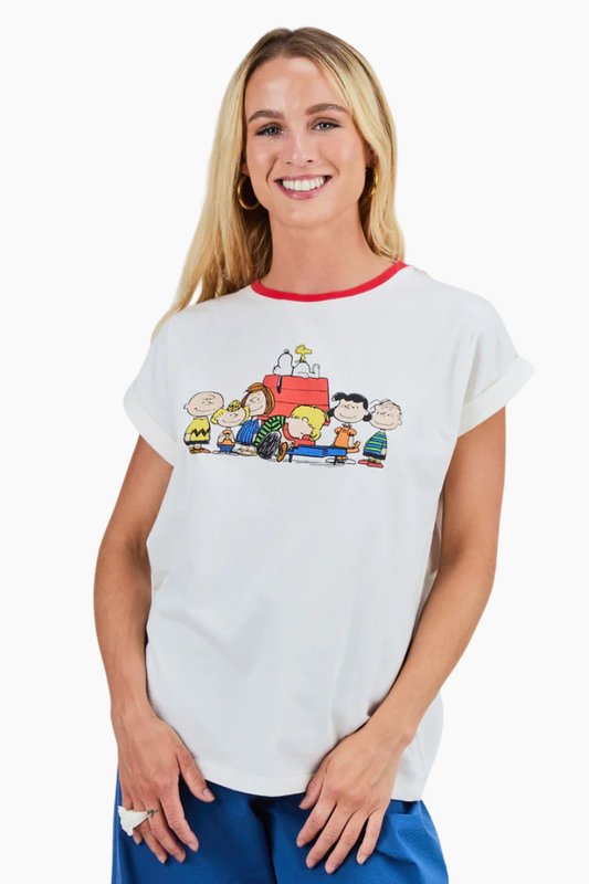 camiseta Peanuts x Brava Retro Friends ecru cuello rojo mujer