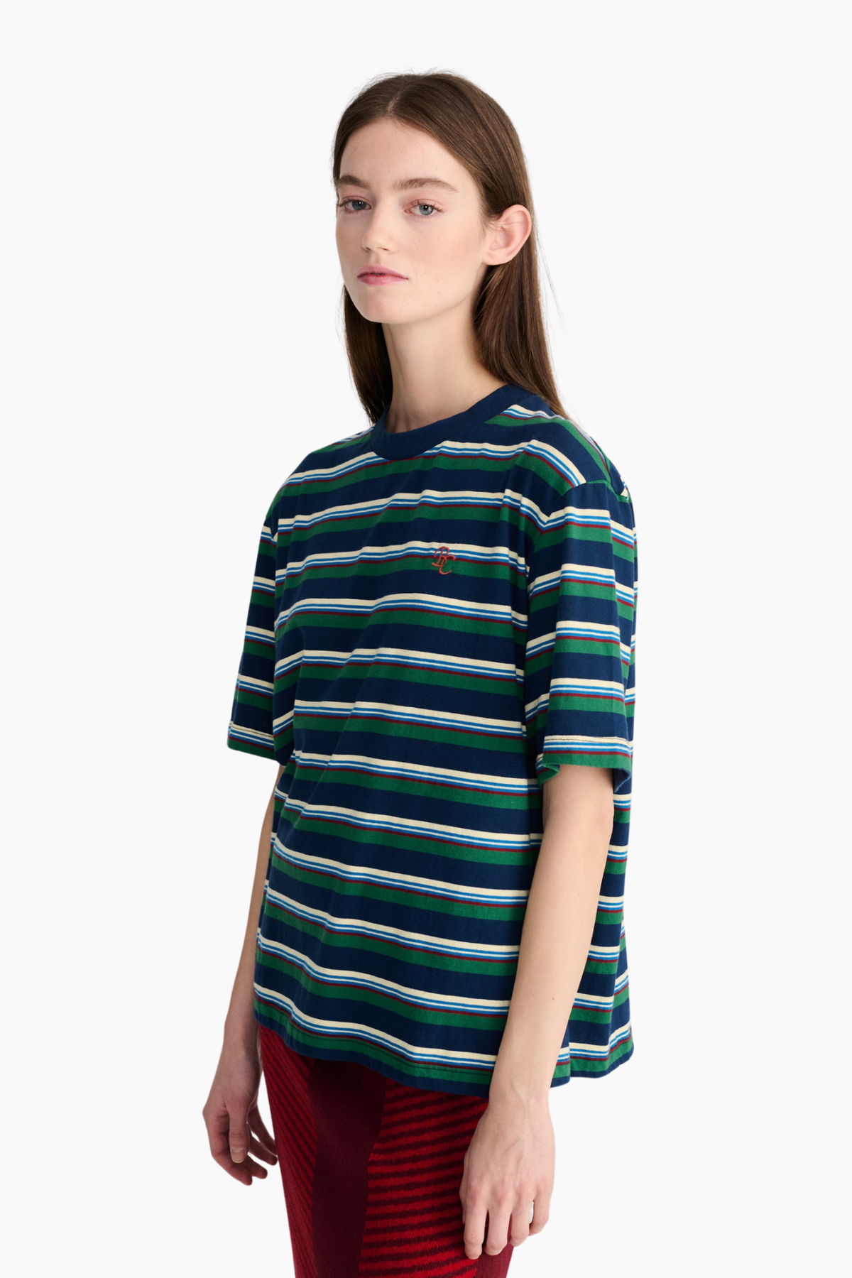 Detalle de camiseta multicolor de rayas Bobo Choses para mujer confeccionada en algodón y corte loose fit