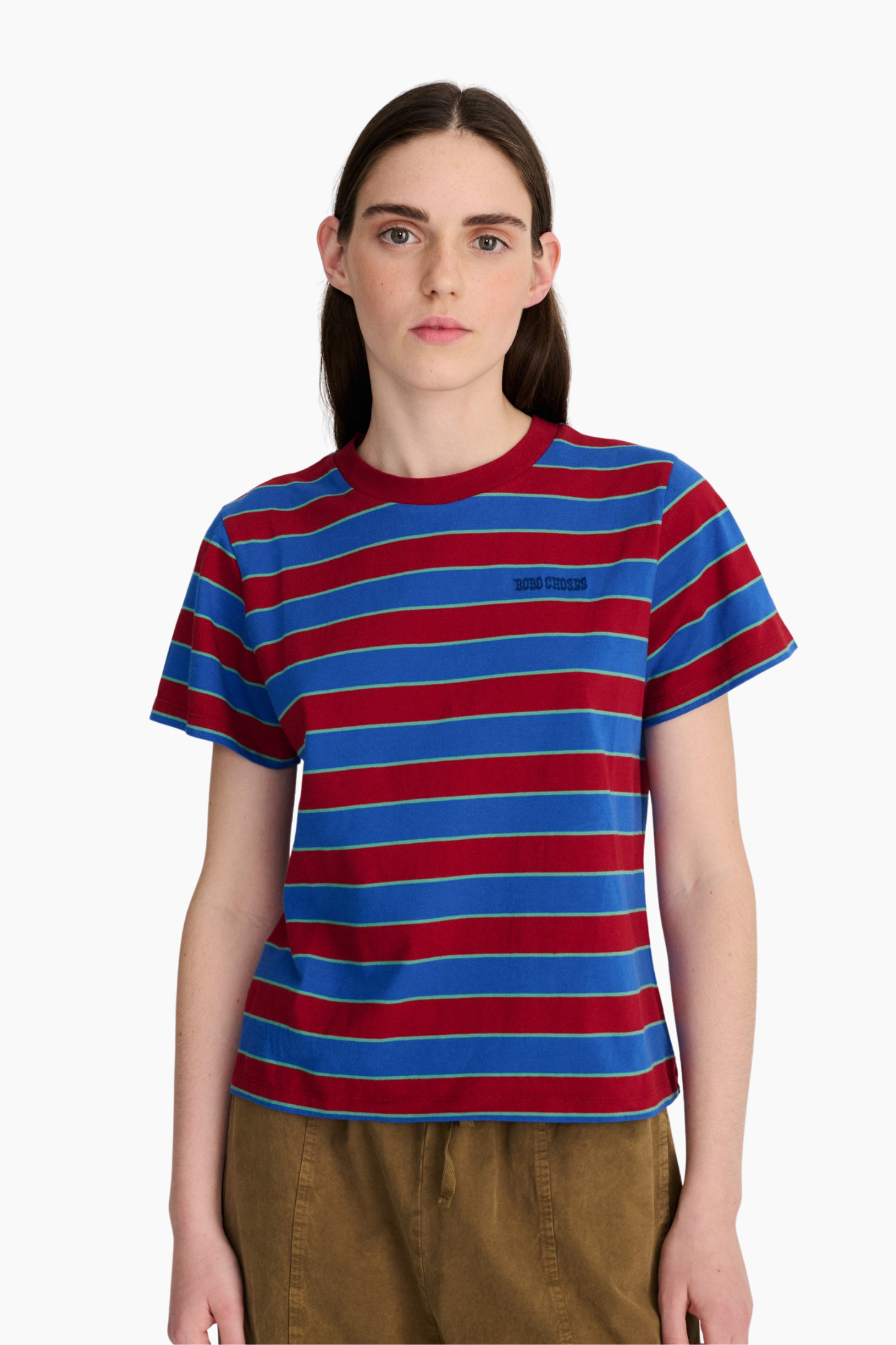 Camiseta de rayas Bobo Choses para mujer en algodón con diseño azul y rojo, manga corta y corte cropped
