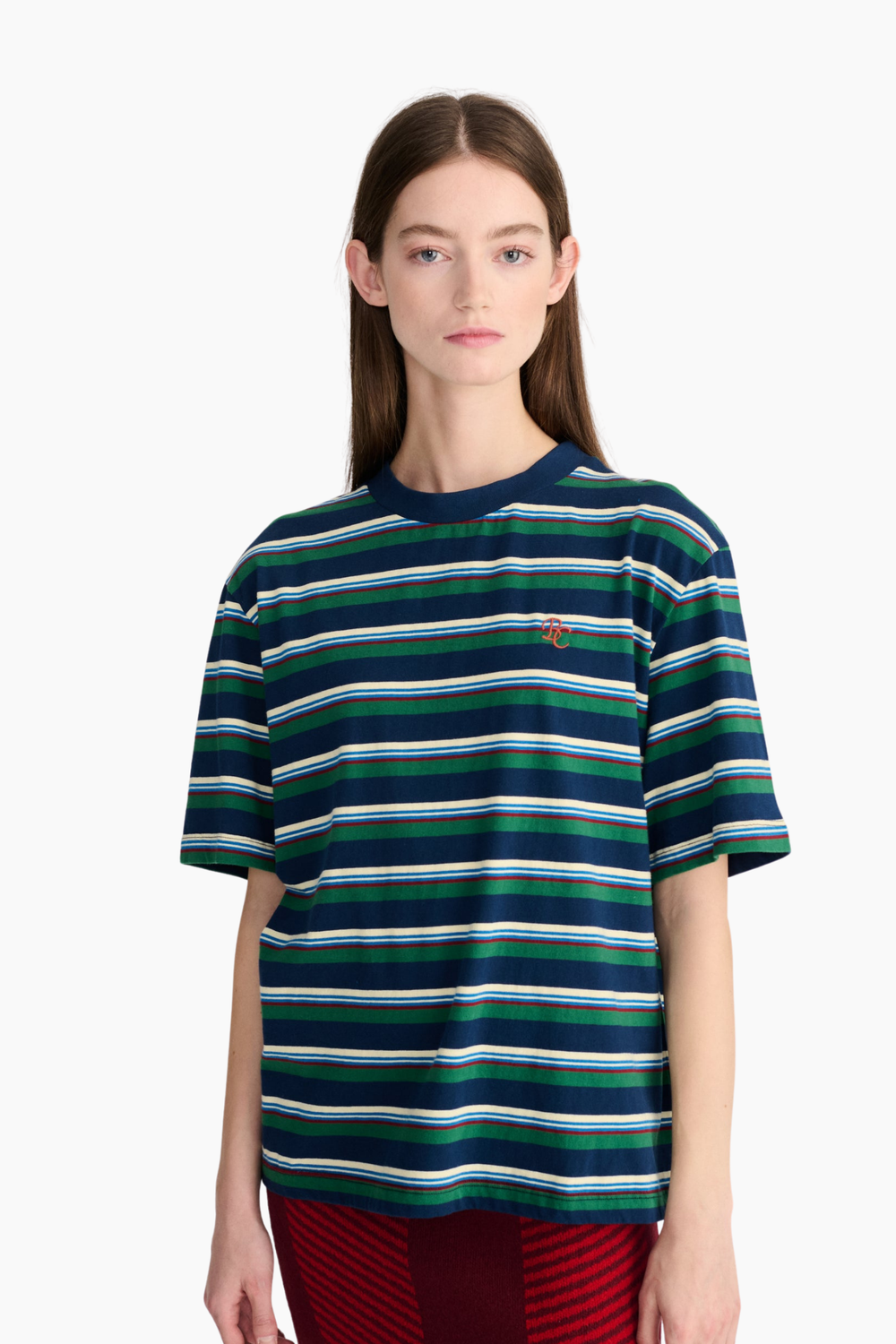 Camiseta de rayas Bobo Choses para mujer en azul, verde y blanco con corte amplio y manga corta