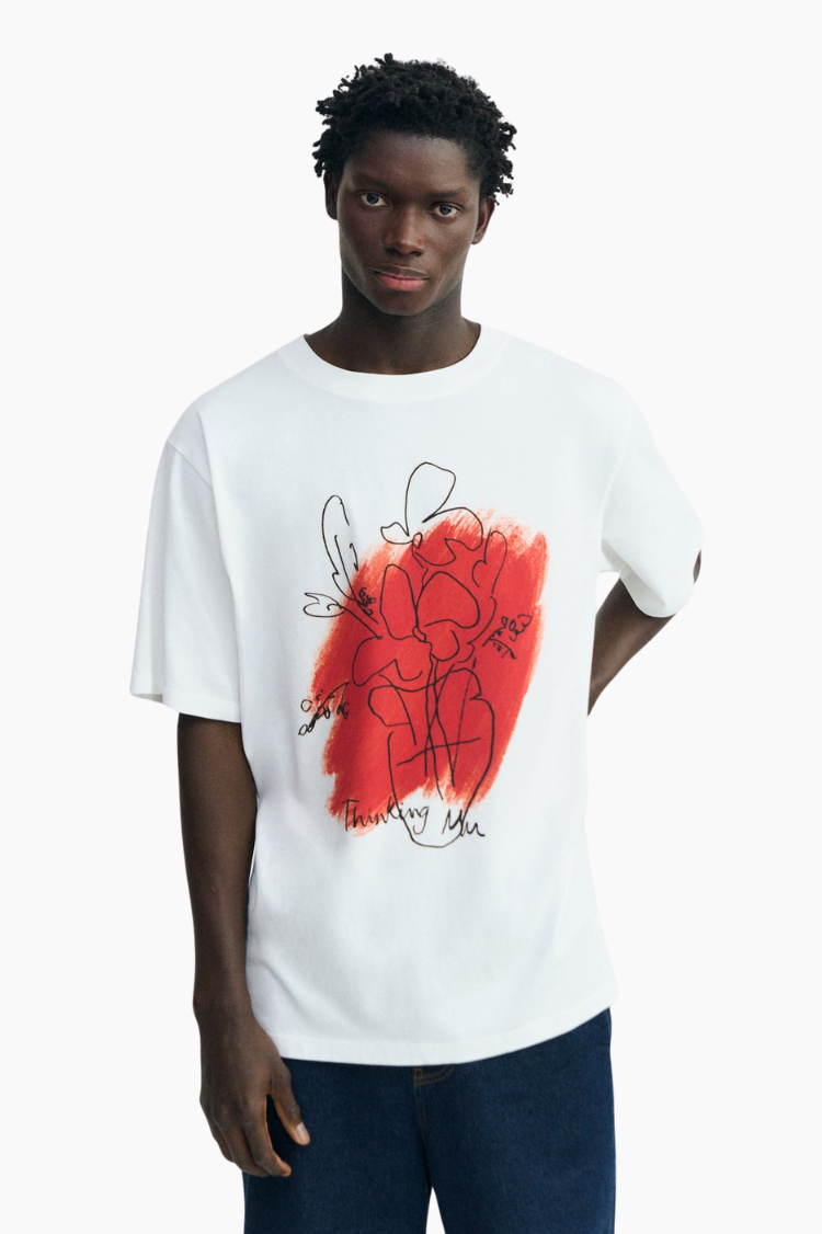 Camiseta Thinking Mu Flower Eric roja oversize con estampado delantero