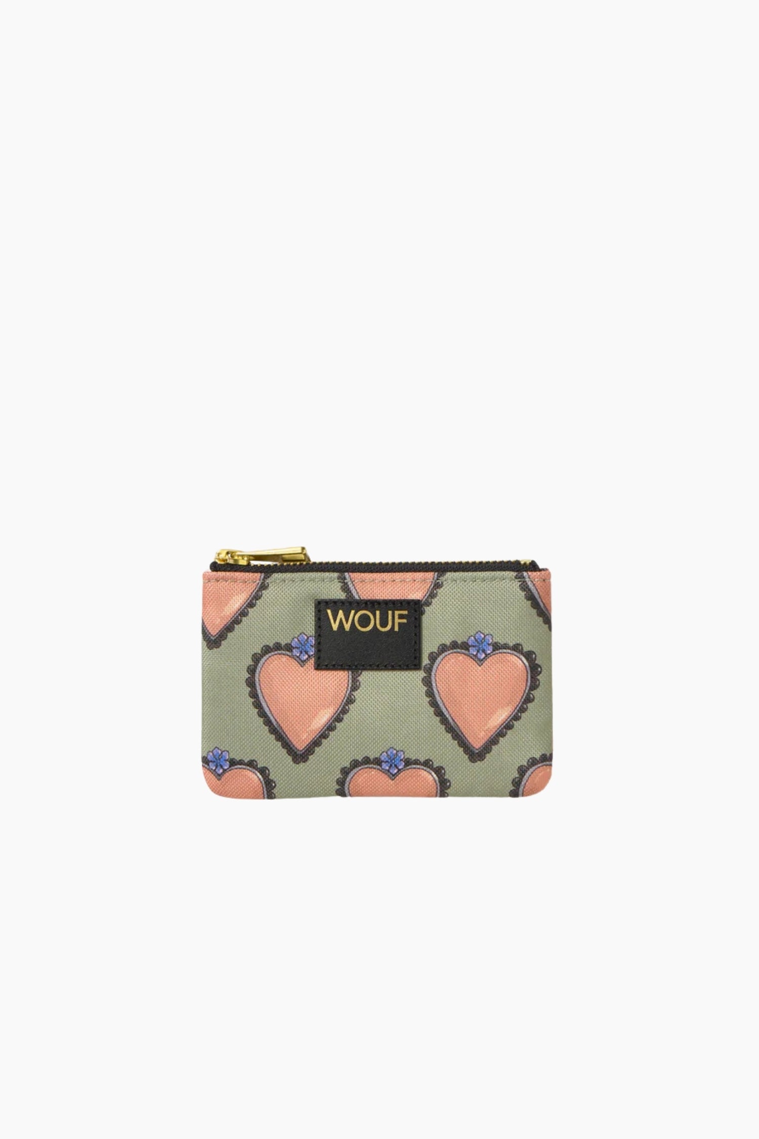 Cartera Wouf Glow con estampado de corazones en tonos rosa y verde y cremallera metálica