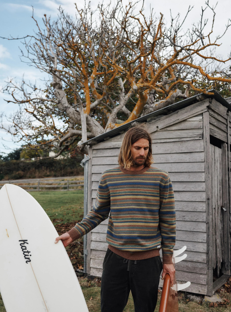 Jersey Hitch de Katin USA en color Rain Drum con rayas multicolor y etiqueta tejida