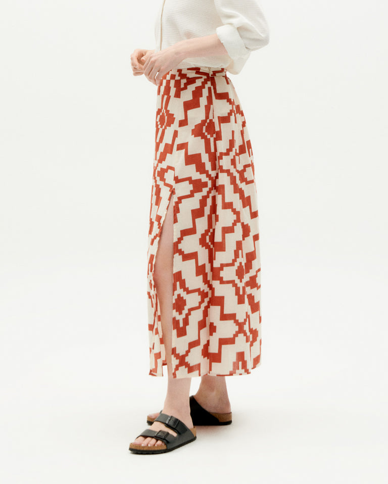 Falda Tora Orange Ilusion de Thinking Mu con estampado geométrico naranja y algodón orgánico