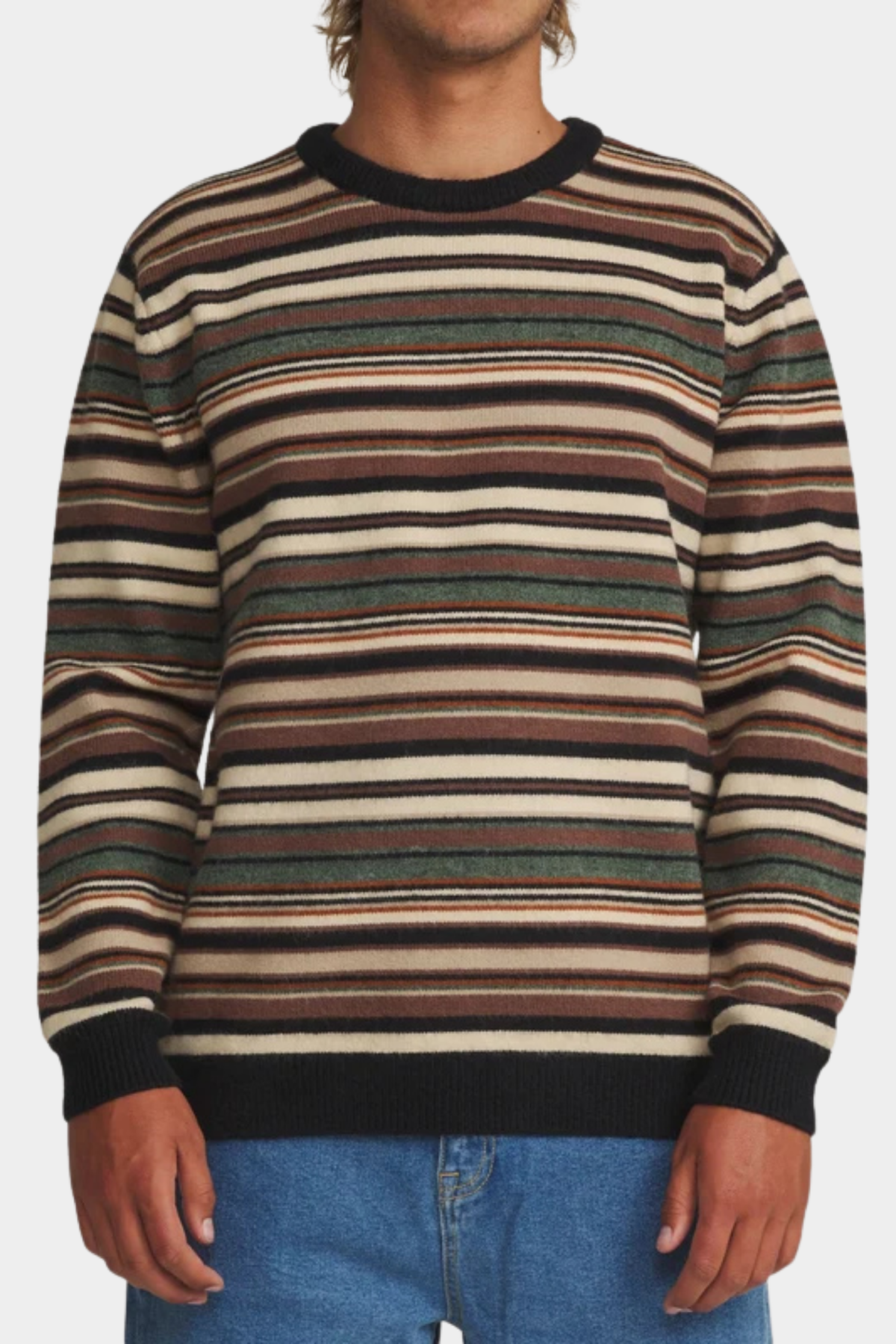Jersey Katin USA Hitch puesto en hombre con rayas retro en tonos marrón, verde, crudo y negro
