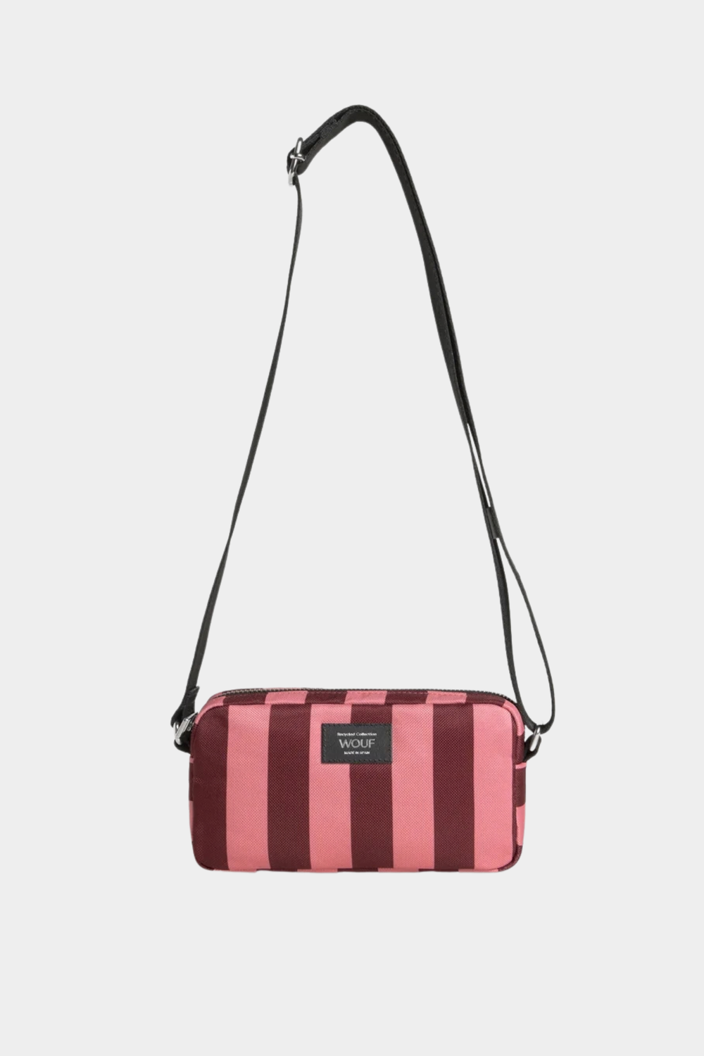 Mini bolso bandolera Wouf Sophie con rayas rosas y burdeos, correa ajustable y cierre de cremallera YKK
