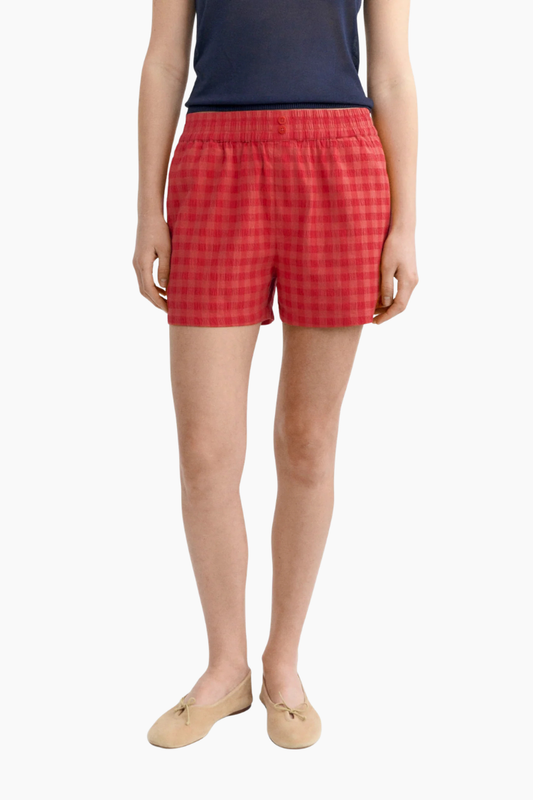 Pantalón corto Thinking Mu Geraldine de cuadros rojos con cintura elástica