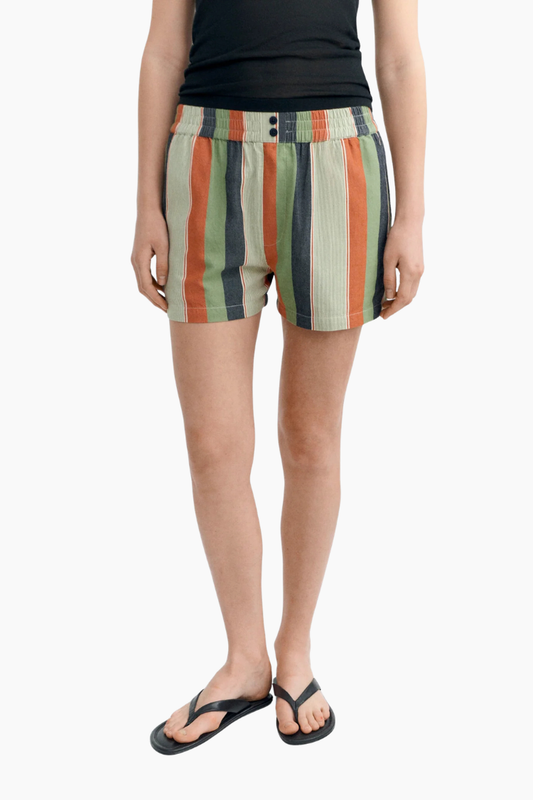 Pantalón corto Thinking Mu Geraldine de rayas multicolor con cintura elástica