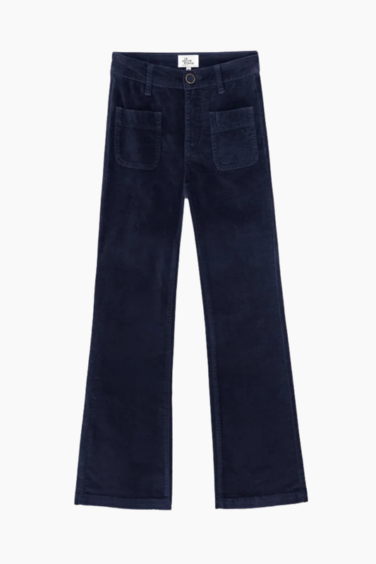 Pantalón flare Sonny azul marino de mujer con talle alto, bolsillos delanteros y pernera acampanada