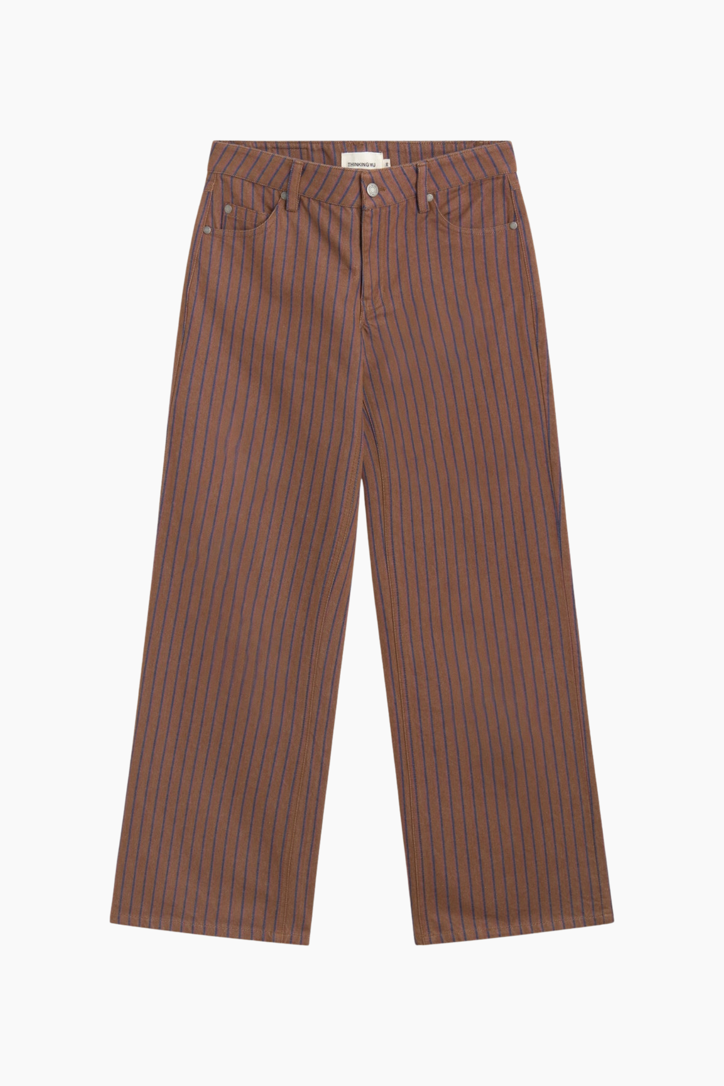 Pantalón de rayas Kettan de Thinking Mu para mujer en algodón orgánico marrón con tiro bajo y pierna recta