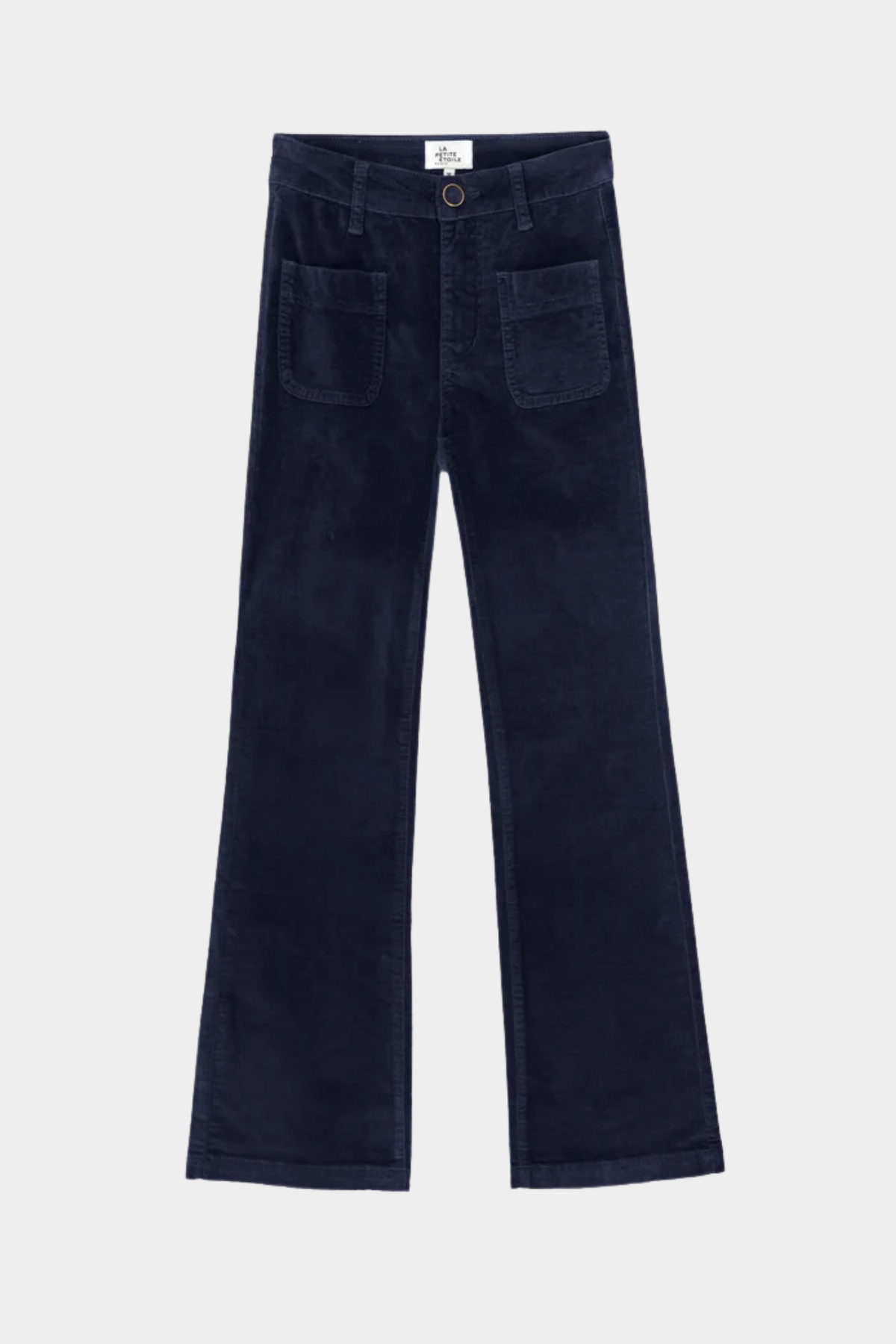 Pantalón flare Sonny azul marino de mujer con talle alto, bolsillos delanteros y pernera acampanada