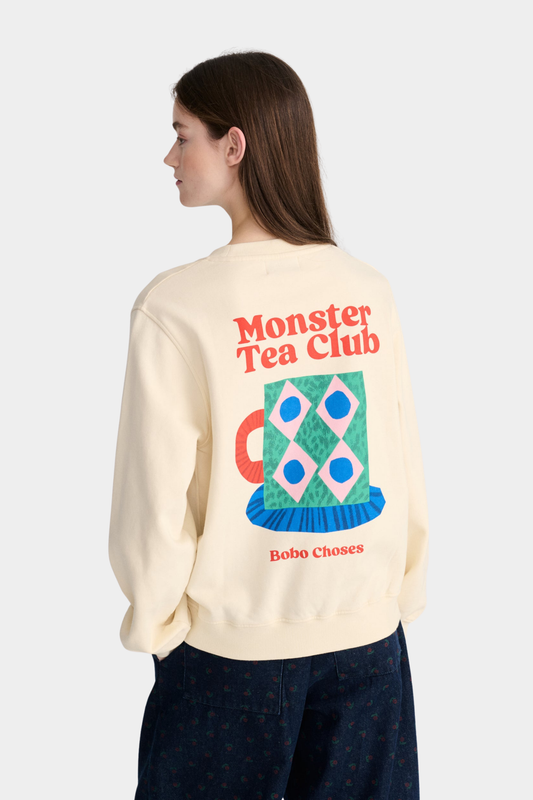 Sudadera Monster Mug de Bobo Choses para mujer en color crudo con gran gráfico trasero Monster Tea Club