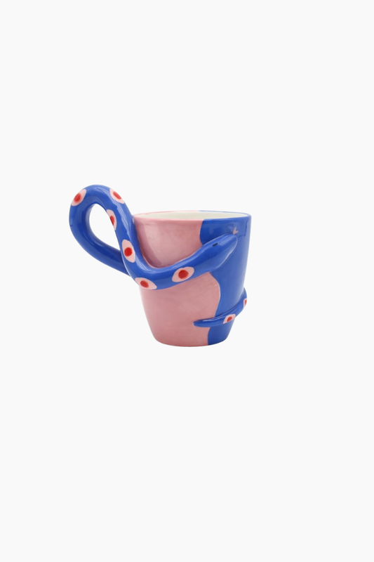 taza cerámica Qué Rico Severo Fancy Fuego azul rosa asa serpiente