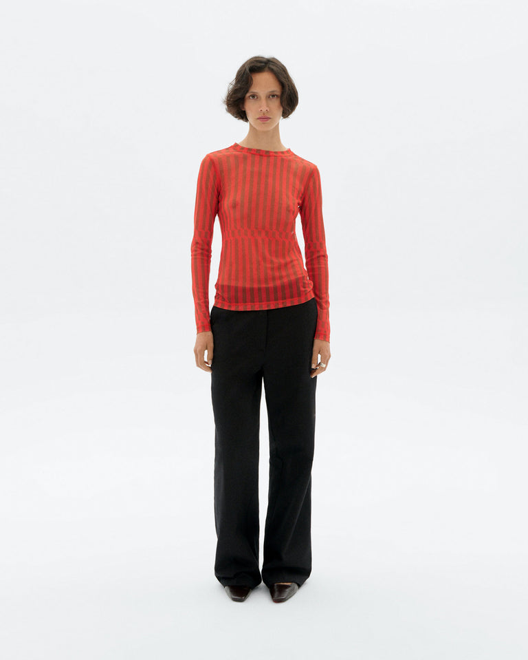 Top naranja de tul reciclado Thinking Mu Esqué Tere para mujer con estampado artístico de Júlia Esqué