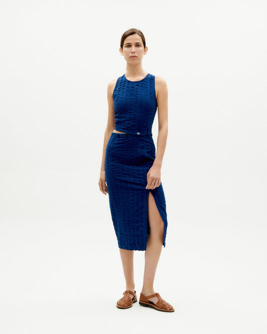 Vestido Wila azul seersucker de Thinking Mu en algodón orgánico convertible en vestido, top o falda