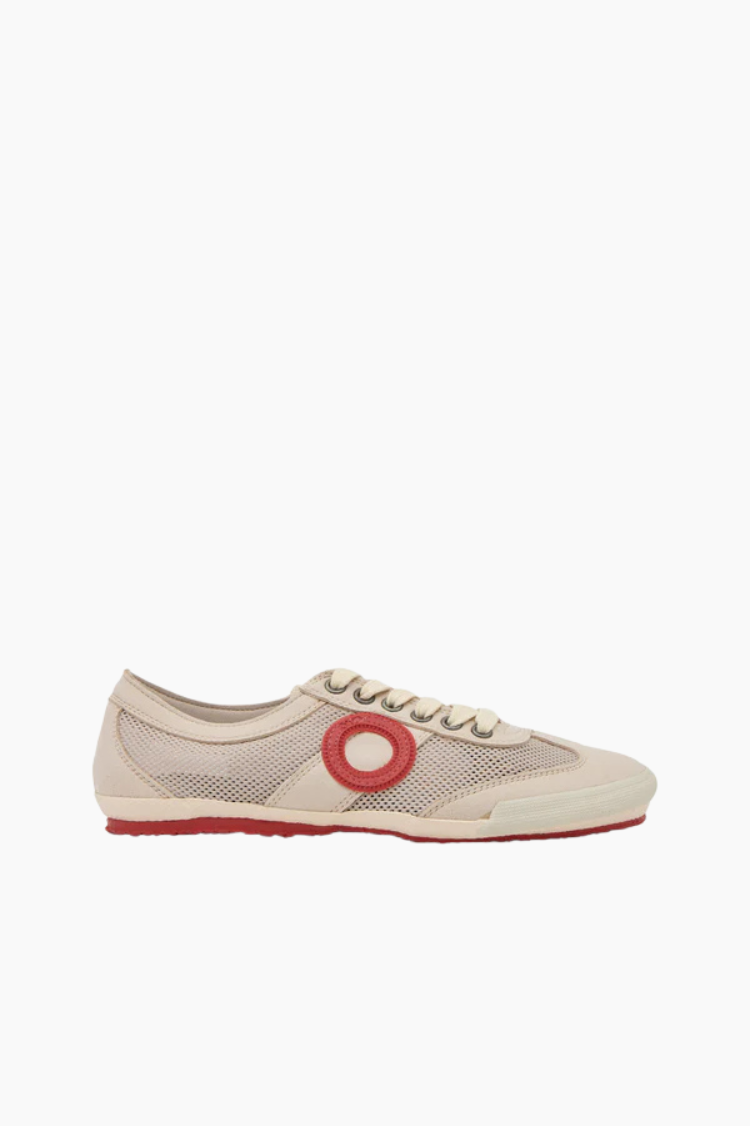 zapatillas aro joaneta vegan swan blanco roto detalle rojo mujer